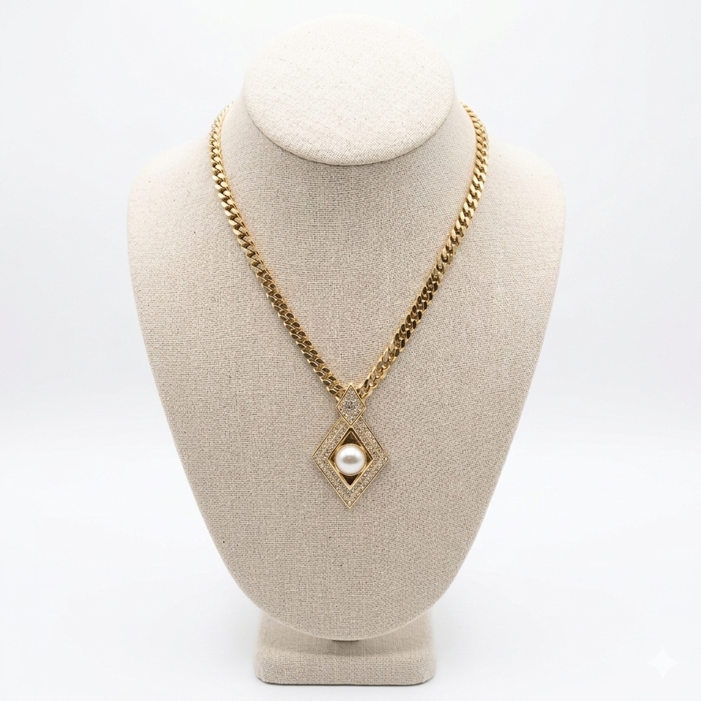 Vintage Art Deco Necklace Faux Pearl Rhinestone Gold Plated Chain Statement